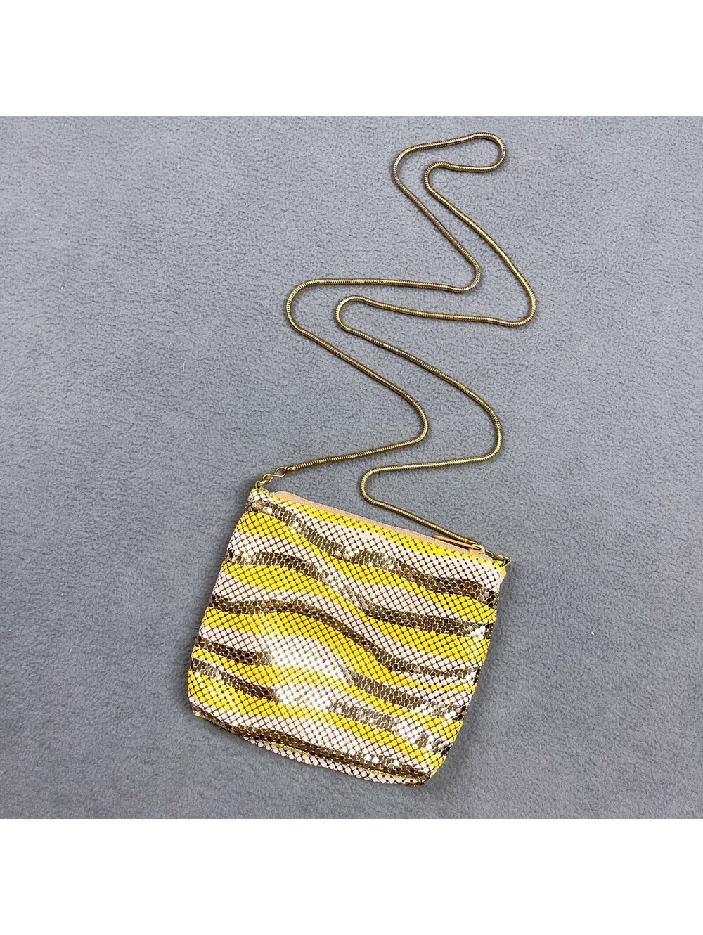 Vintage Metal Mesh Mini Purse, Yellow, Gold, White Swishes
